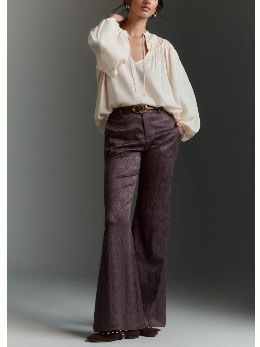 🟤NWT ANTHROPOLOGIE Whimsical Brocade Flare Pants in Deep Plum Sz 2